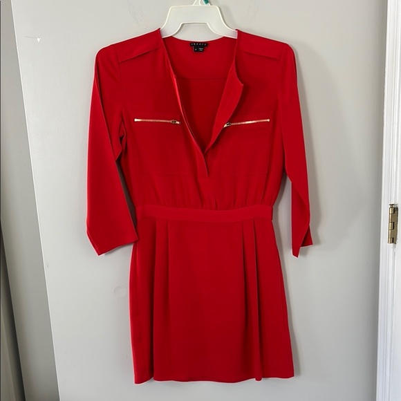 Theory Brunella Red Dress Silk Blend With Pockets and Gold Accents - 8 - Picture 1 of 9